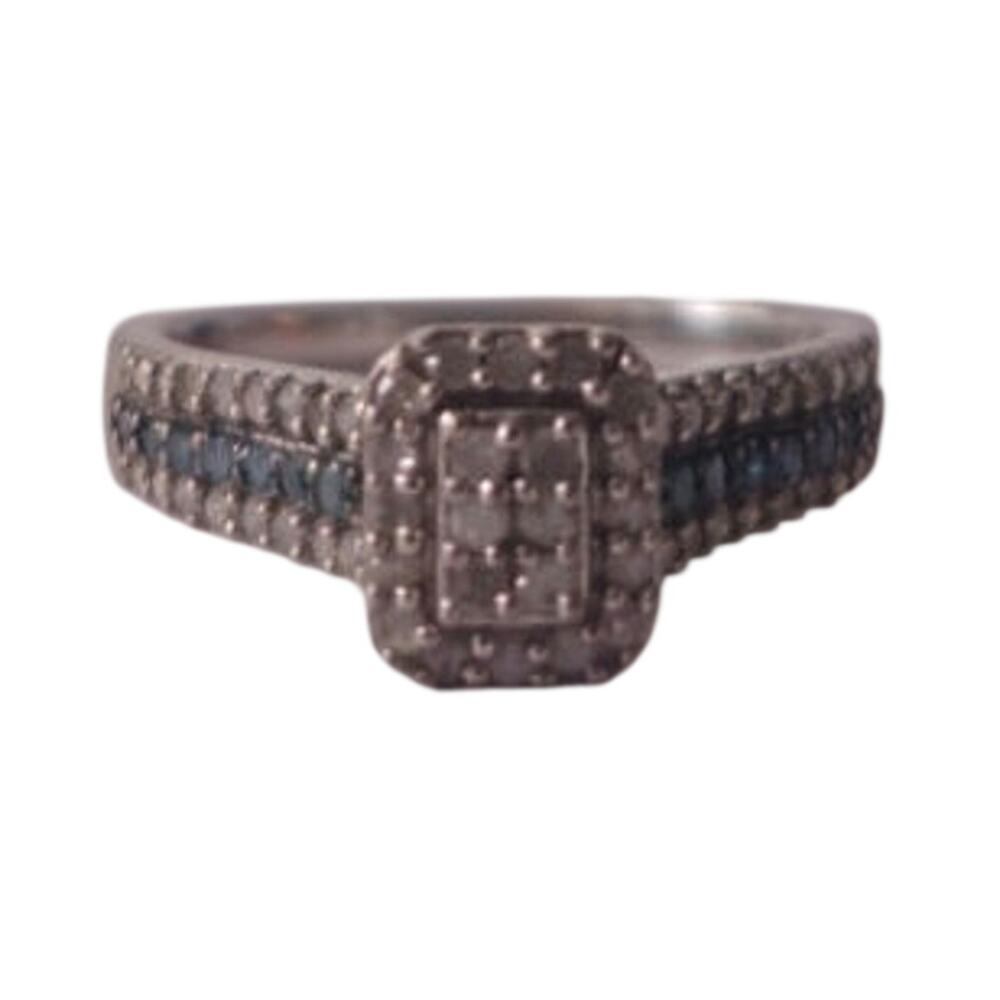 Vintage Sterling Silver Blue & White Diamond Halo Ring 1/3 TCW Size 7 - Picture 2 of 4